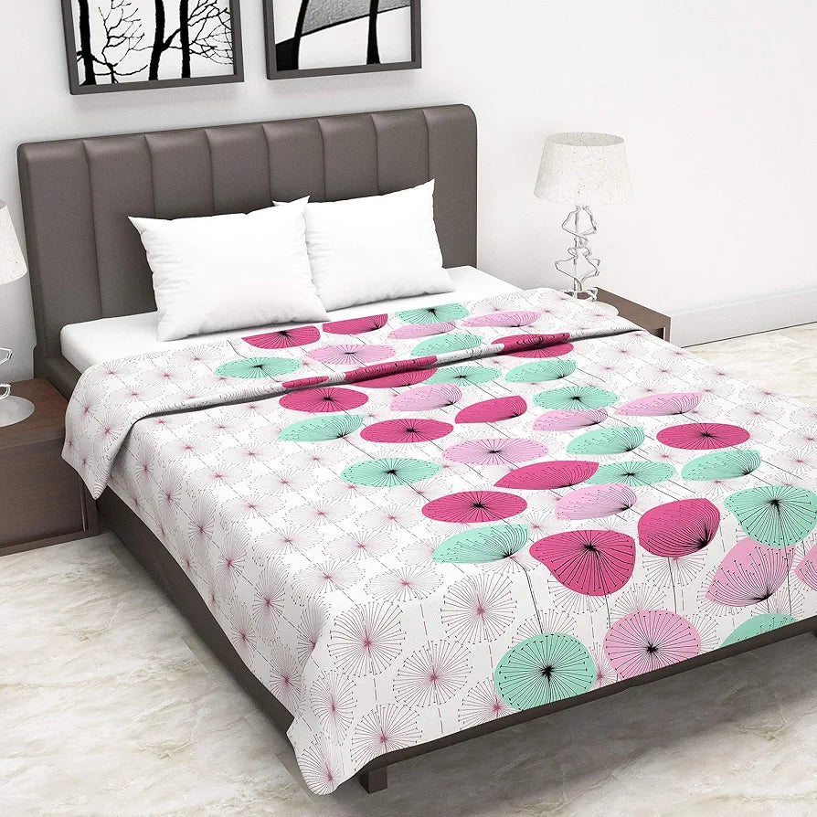 Divine Casa Glace Cotton 120 GSM Reversible Lightweight Printed Double Bed AC Dohar Winter Blanket Quilt - Pink and Turquoise| TC - 120