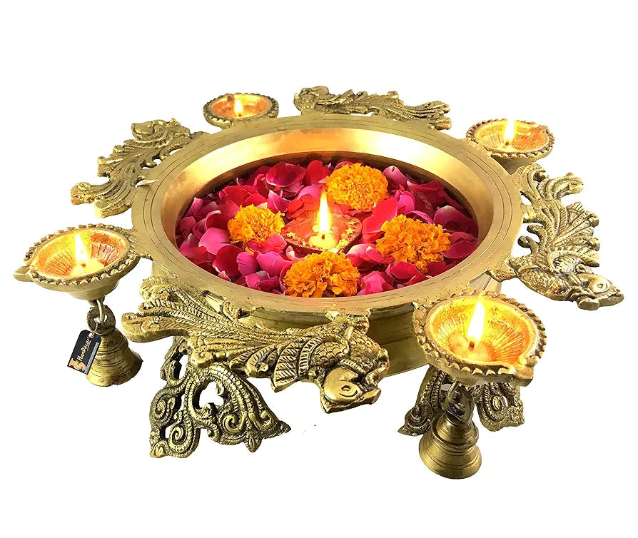 Two Moustaches Brass Peacock Design Urli with 4 Diyas  