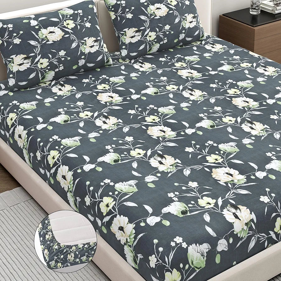 Dreamscape Microfibre Wrinkle & Fade Resistant Fitted Bedsheet for King Bed, 140TC, 1 Fitted Bed Sheet  with 2 Pillow Covers, Dk. Grey