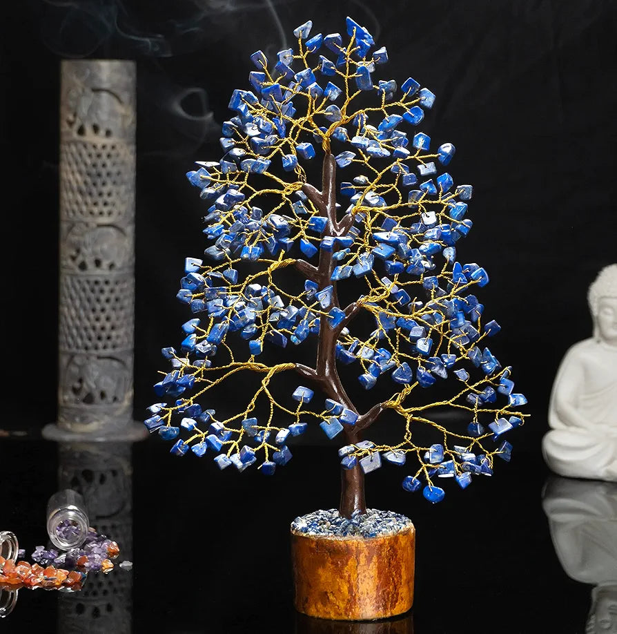 HindCraft Lapis Lazuli Crystal Tree Good Luck Showpiece for Home Decor Items Crystals Gemstones Bonsai Money Tree for Good Luck, Decoration Gift Item, Golden Wire, 10-12 inch