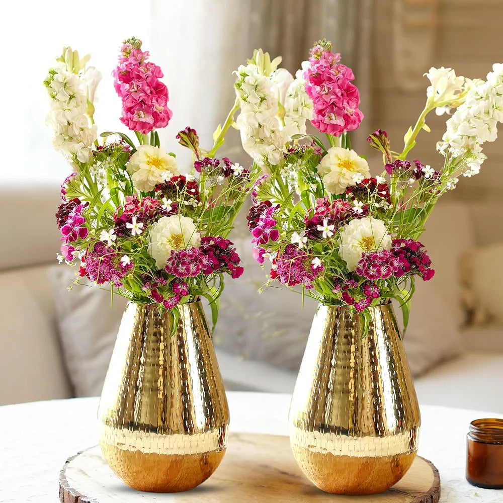 Behoma Drop Shape Metal Hammered Flower Vase for Home Decor, Vase for Office Table Decorations, Modern Vase, Gift for Anniversary Festival, Golden 2 Pcs 