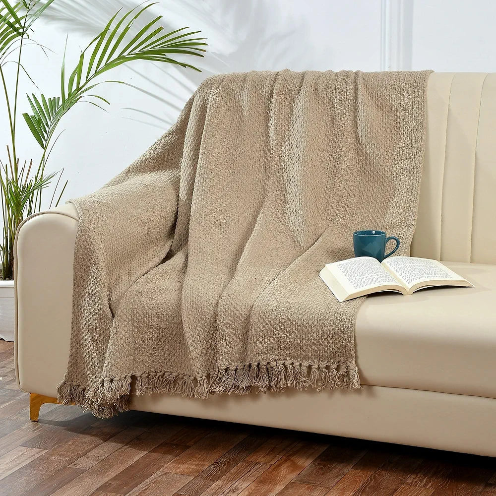 SASHAA WORLD Weaved Beige Cotton Throw | Ideal for Your Home, Living Room, Sofa, Bed, Chair, Picnic & Used for Gift | 130X180 cm| TC - 125