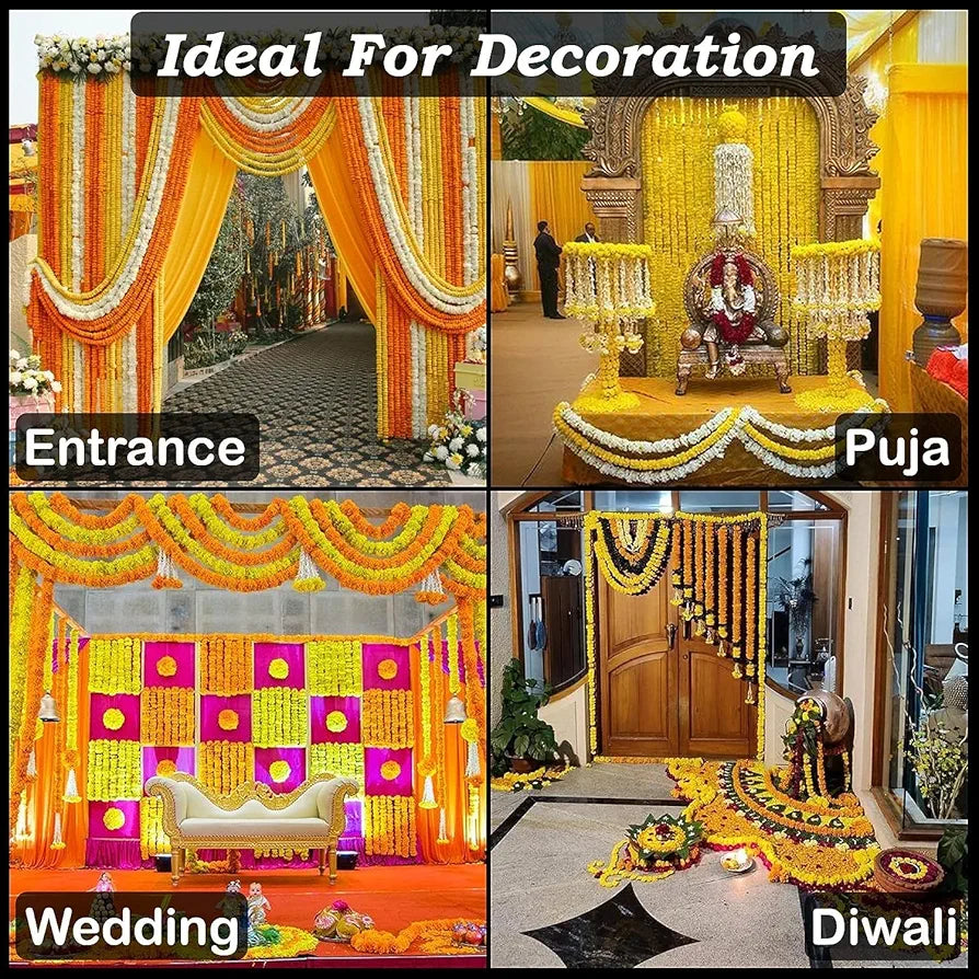 DRYPHON Artificial Marigold Garlands, Diwali & Pooja Room Decorations - Pack of 10 