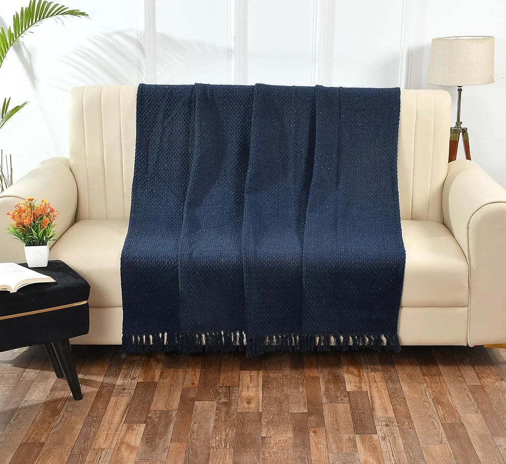SASHAA WORLD Weaved Navy Cotton Throw | Ideal for Your Home, Living Room, Sofa, Bed, Chair, Picnic & Used for Gift | 130X180 cm