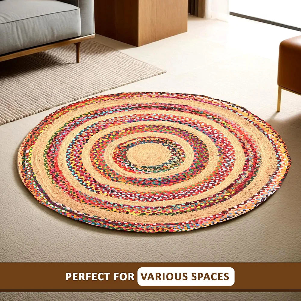 Kuber Industries 3x3 Feet Satranji Round Jute Rug & Carpet for Home & Bedroom | Aesthetic Non-Slip Floor Rugs for Living Room | Stripes - Pink