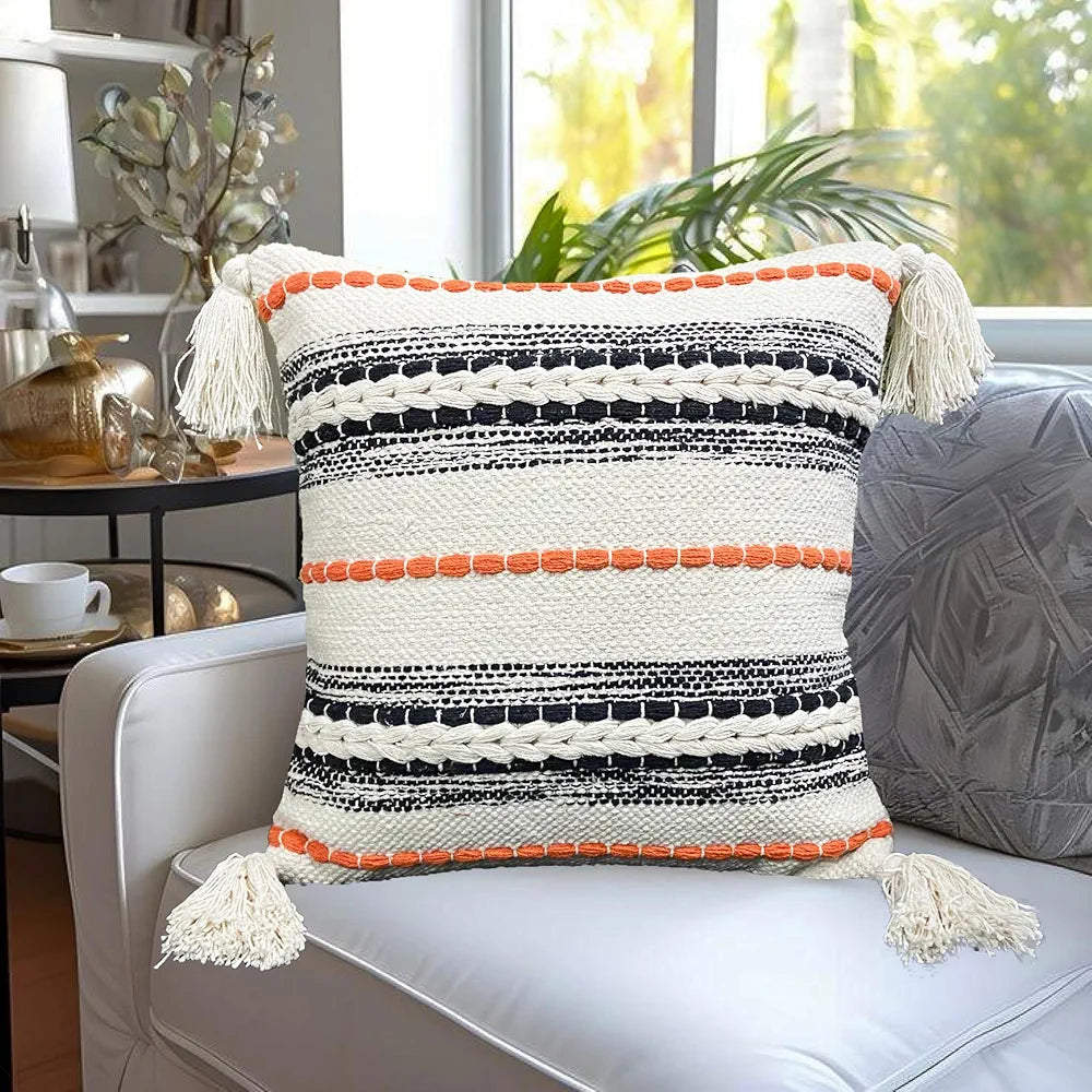 SAJAVAT HOME Hand-Knitted Pure Cotton 3 Seater Sofa Throw & Cushion Cover | 82x52 Inches / 208x132 Cm | Beige Throw & Multi Cushion 16''x16'' for Living Room, Bedroom, Sofa & Chair | Pack of 1
