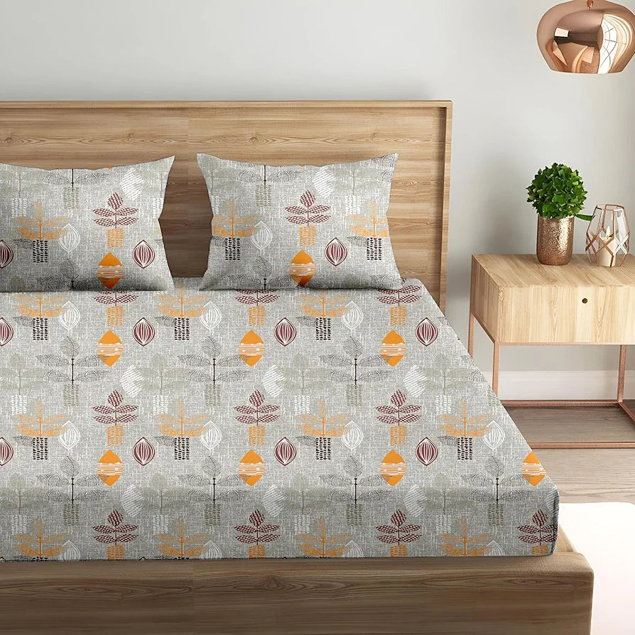 Trance Home Linen Pure 100% Cotton 144TC Printed King Fitted Bedsheet with 2 Pillow Covers 