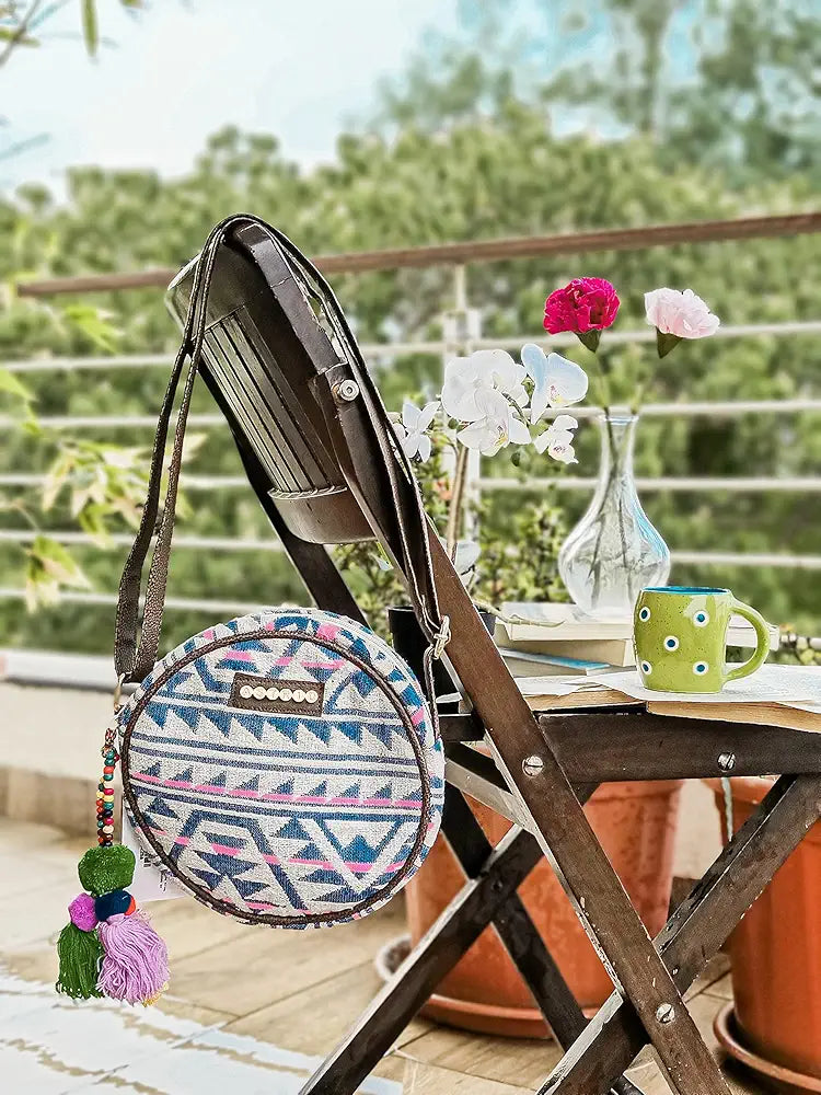 ASTRID Round Sling Bag With Pompoms For Girls And Women