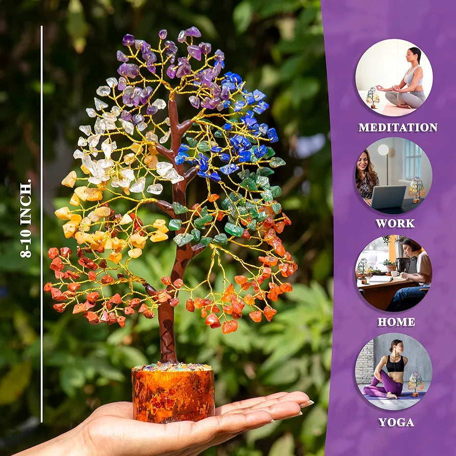 HindCraft Seven Chakra Crystal Tree Good Luck Showpiece for Home Decor Items Crystals Gemstones Bonsai Money Tree for Good Luck, Decoration Gift Item, Golden Wire, 10-12 inch