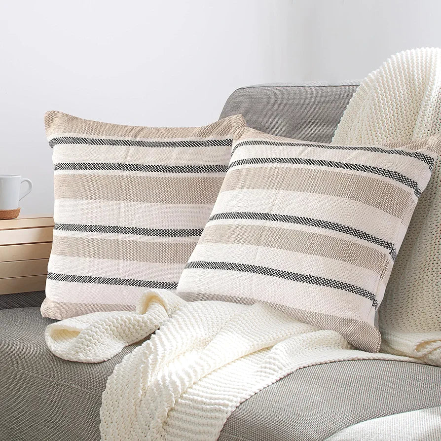 SASHAA WORLD Exquisite Beige Black Striped Elegance | Decorative Woven Cushion Cover | Cushion Cover for Living Room/Bed/Sofa/Chair | 45X45 Cm