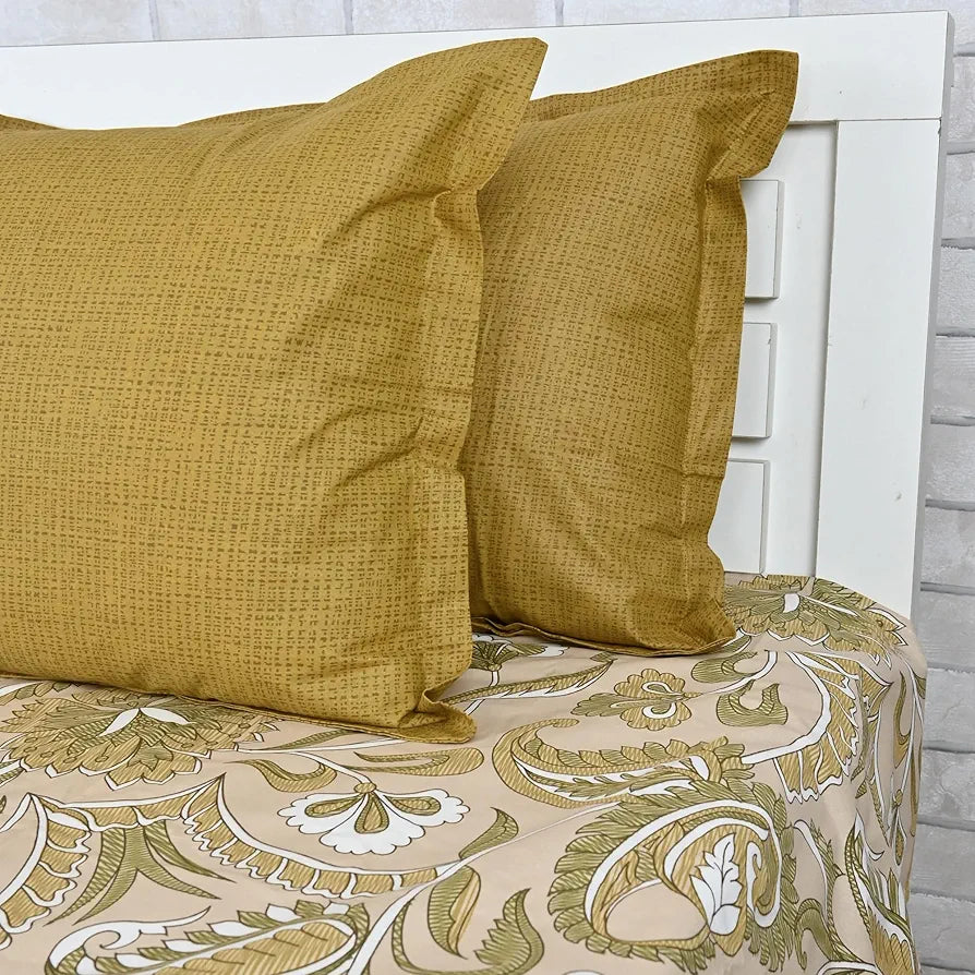 Divine Casa 144 TC 100% Pure Cotton Queen Size Double Bed Bedsheet with 2 Pillow Covers | Soft, Durable & All-Weather Comfortable Easy Care Sheet | Size 222 x 254 CM | Floral Paisley | Mustard Beige
