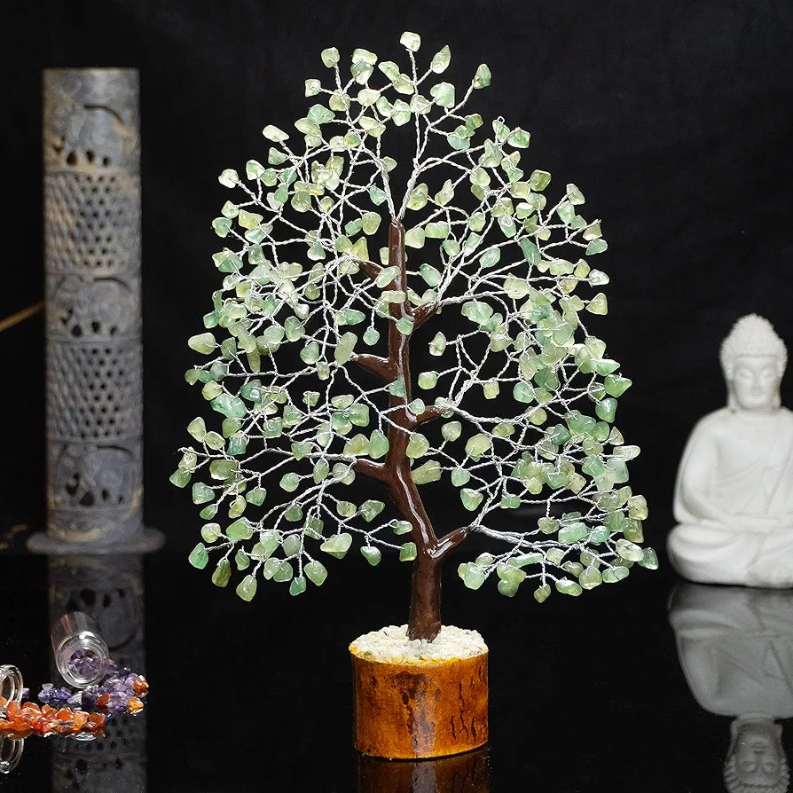 HindCraft Green Jade Crystal Tree Good Luck Showpiece for Home Decor Items Crystals Gemstones Bonsai Money Tree for Good Luck, Decoration Gift Item, Silver Wire, 10-12 inch