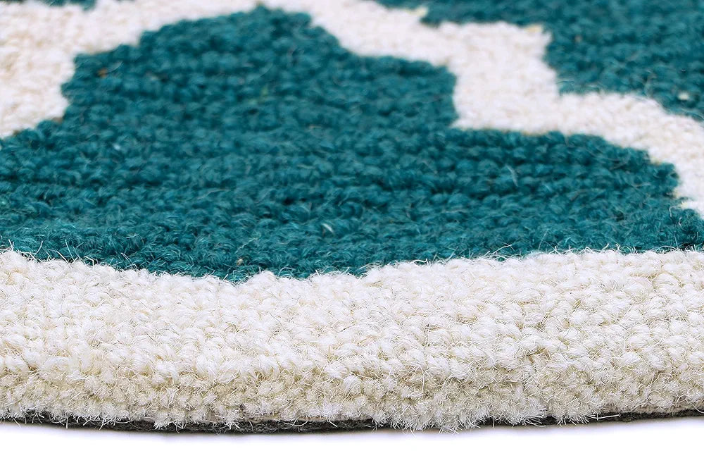 THE HOME TALK Tufted Round Wool Carpet for Living Room, Bed Room, Hall, Coffee Table | Hand Tufted Rug | Home Decorative | 5’ Diameter | Blue Quatrefoil