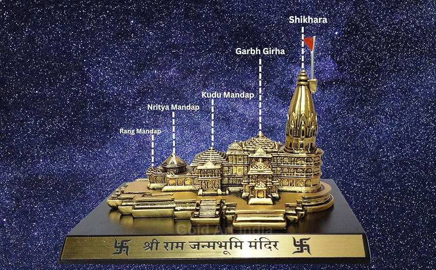 Gold Art India Ram Mandir Ayodhya Gold Plated Antique - Minature for Gifting, Puja Room, Office Desk, Home Decor 