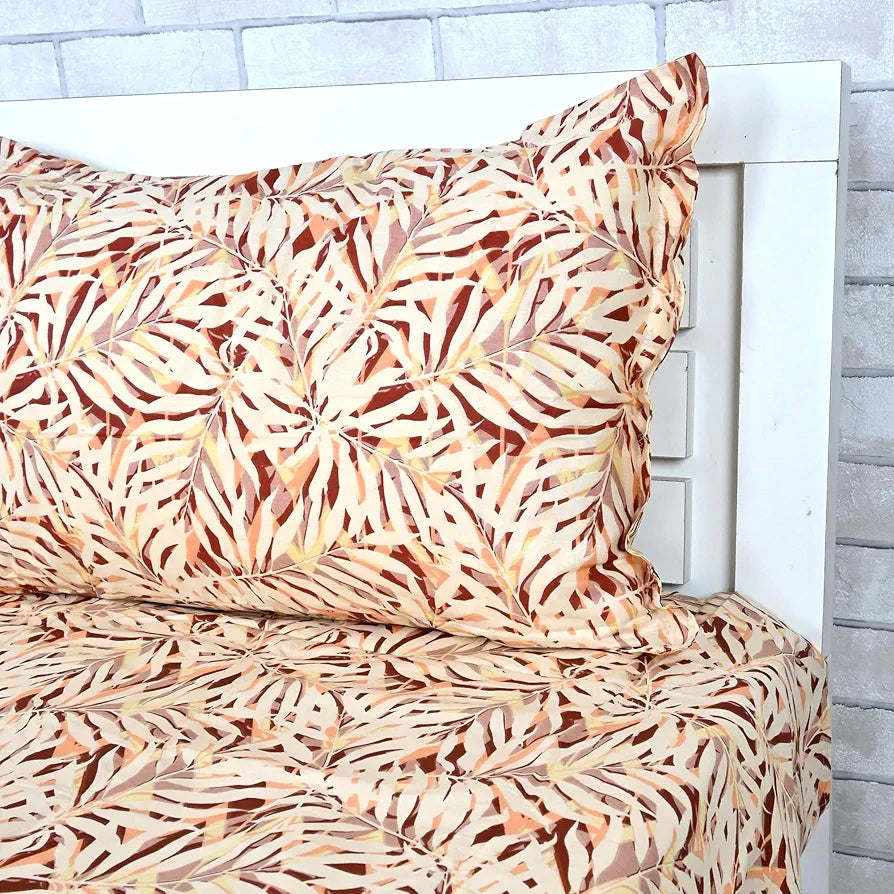 Divine Casa 144 TC 100% Pure Cotton Single Size Bedsheet with 1 Pillow Cover | Soft, Durable & Skin-Friendly Fabric for All-Season Comfort & Use | Size 223 x 145 CM | Tropical Leaf | Cream Brown
