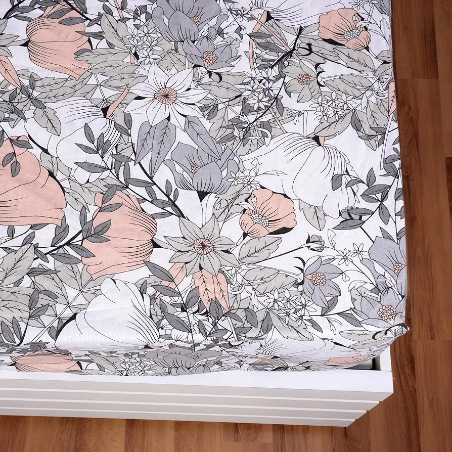 Divine Casa 144 TC Floral Grey 100% Cotton Elastic Fitted Bedsheets King Size with 2 Pillow Covers - 78 x 72 inches