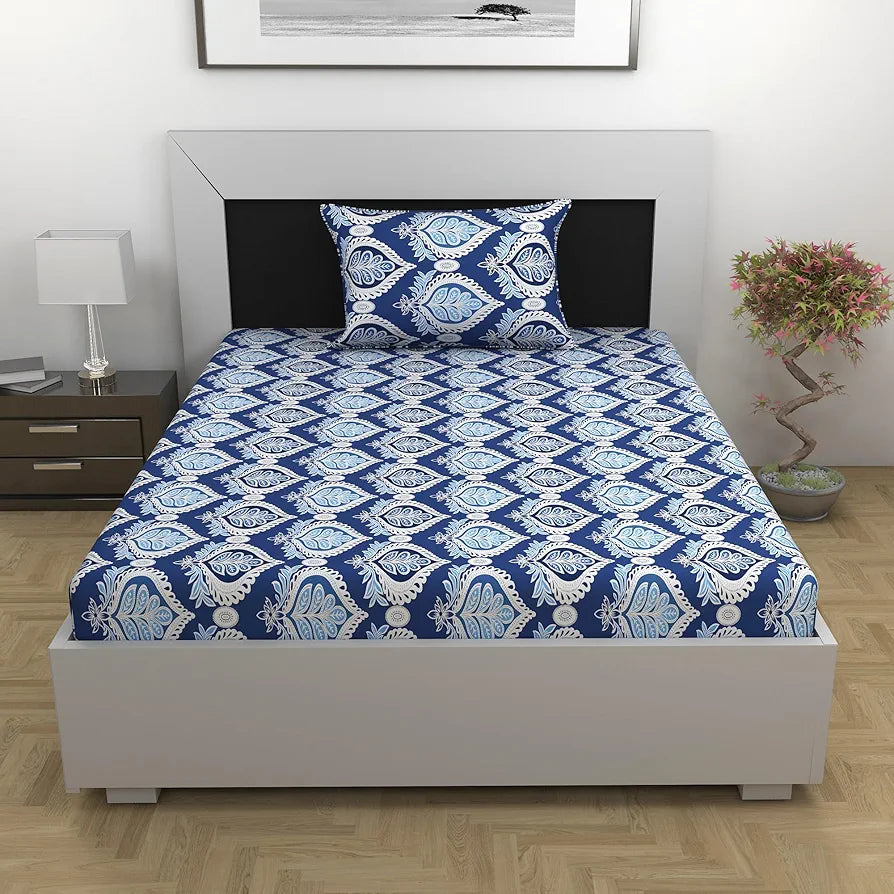 Divine Casa 144 TC 100% Cotton Single Bedsheet with 1 Pillow Cover | Skin-Friendly Fabric for Everyday Comfort | 223 X 145 CM | Floral Pattern | Dazzling Blue
