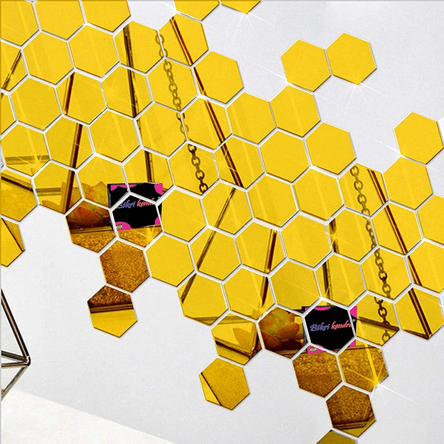 Bikri Kendra - 40 Hexagon Golden with 20 Butterfly Decorative Stickers for Wall, Hexagon Wall, Hexagonal Mirror