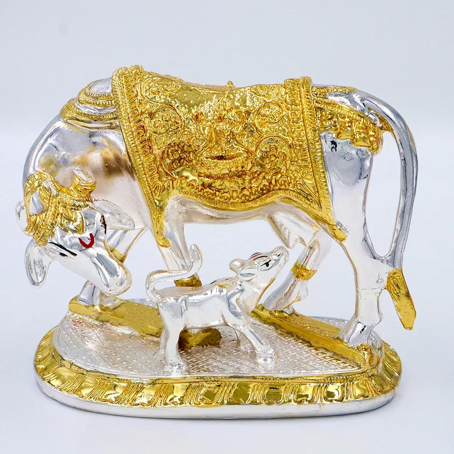 JAIPUR ACE Kamdhenu Cow with Calf Statue, Standard Size, Golden   