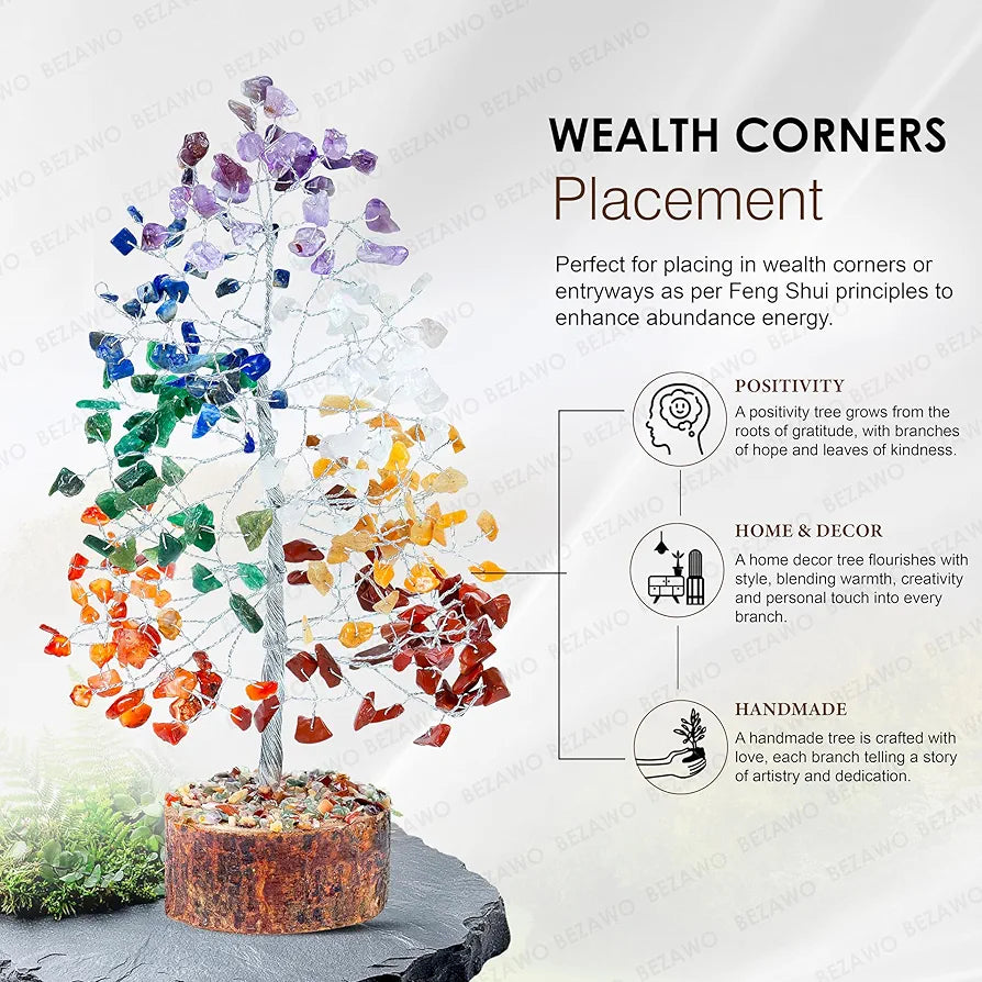 BEZAVO Seven Chakra Crystal Tree | Feng Shui Tree for Good Luck & Positive Energy | Healing Crystals for Prosperity | Unique Gift Idea for Men & Women 
