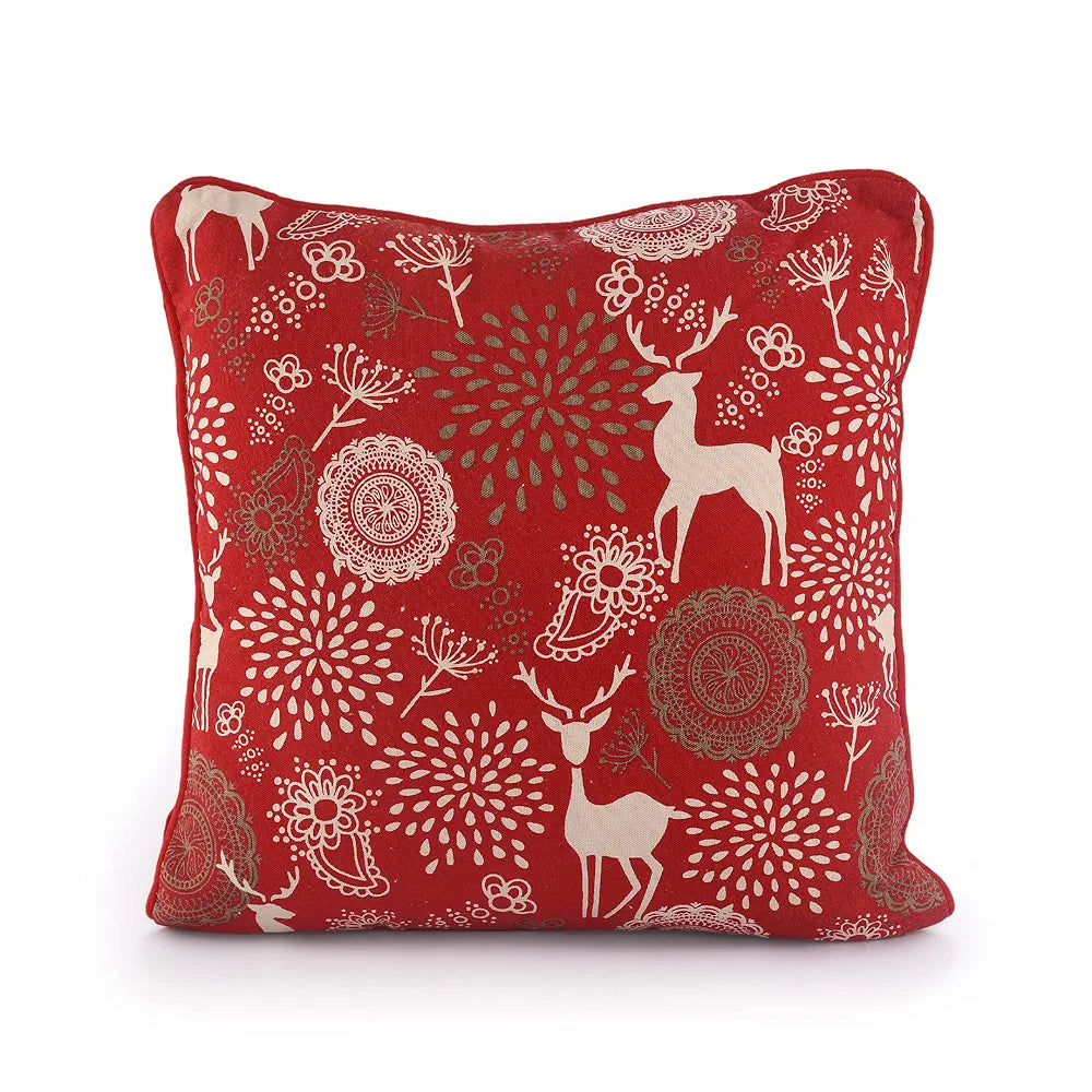 SASHAA WORLD Reindeer Print Cushion Cover | Pillow Cover for Living Room, Sofa, Chair & Christmas | Red Pillow Cover | 150 g, 45X45 cm