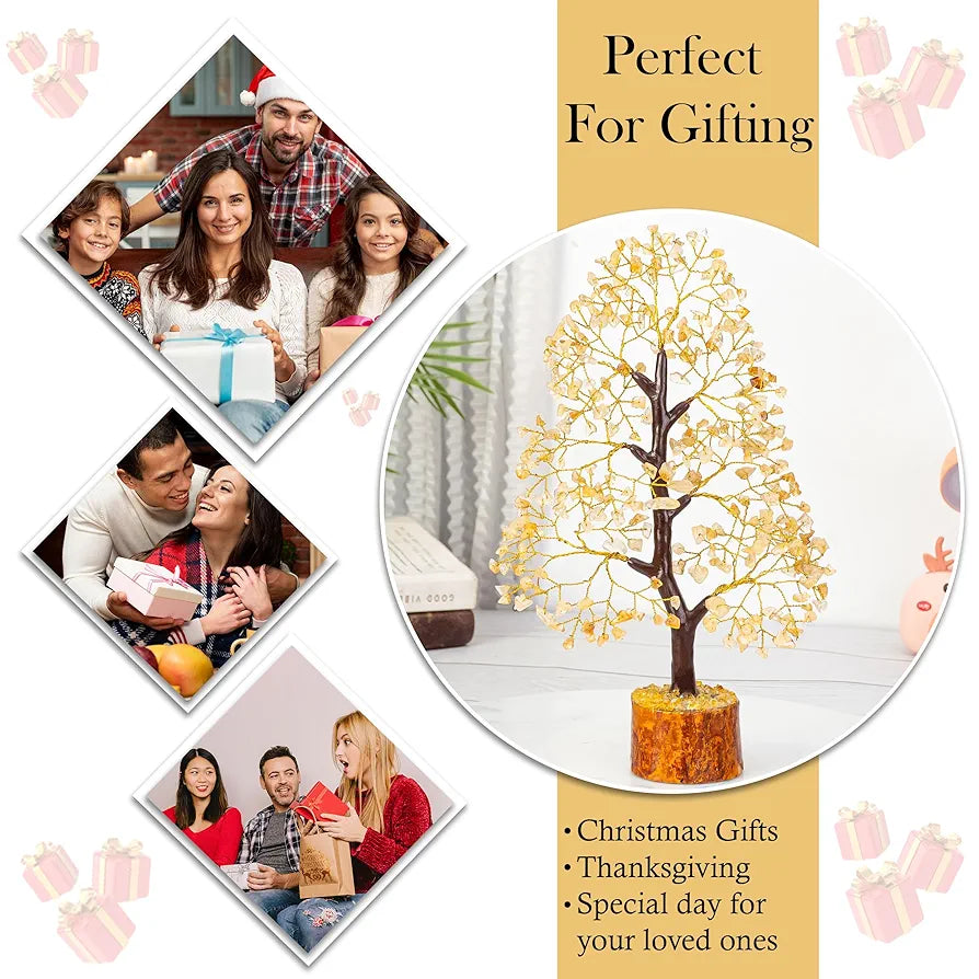 HindCraft Citrine Gemstone Crystal Tree Good Luck Showpiece for Home Decor Items Crystals Gemstones Bonsai Money Tree for Good Luck, Decoration Gift Item, Golden Wire, 10-12 inch