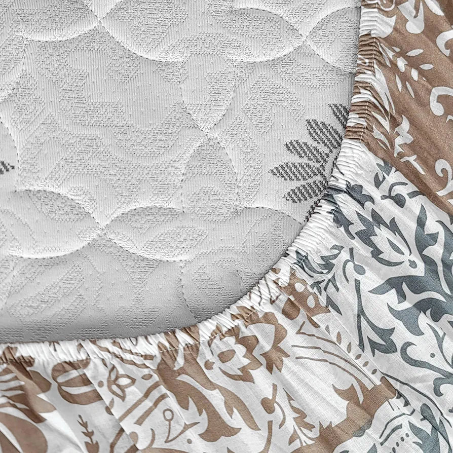 Divine Casa 144 TC 100% Cotton Floral Grey Breathable Bedsheet Double Size Bed Cotton Elastic Fitted - 150 x 200 CM