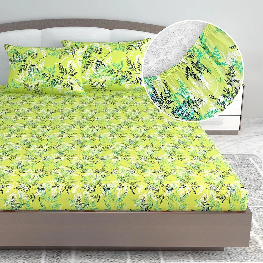 Divine Casa 144 TC 100% Cotton Floral Green Cotton Lightweight King Size Bedsheet with Elastic Fitted - 78 x 72 inches