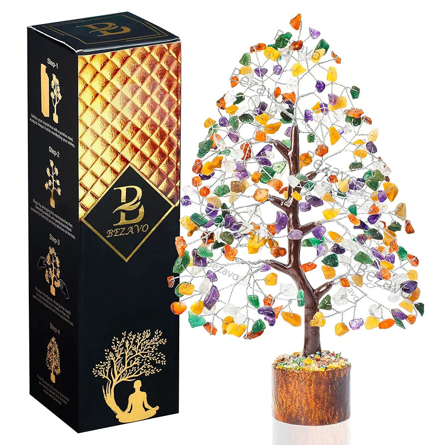 BEZAVO Mix Chakra Crystal Tree – Artificial Feng Shui Good Luck Tree for Prosperity | Decorative Tree for Living Room & Office | Ideal Gift for Men & Women – Wedding, Anniversary & Birthday