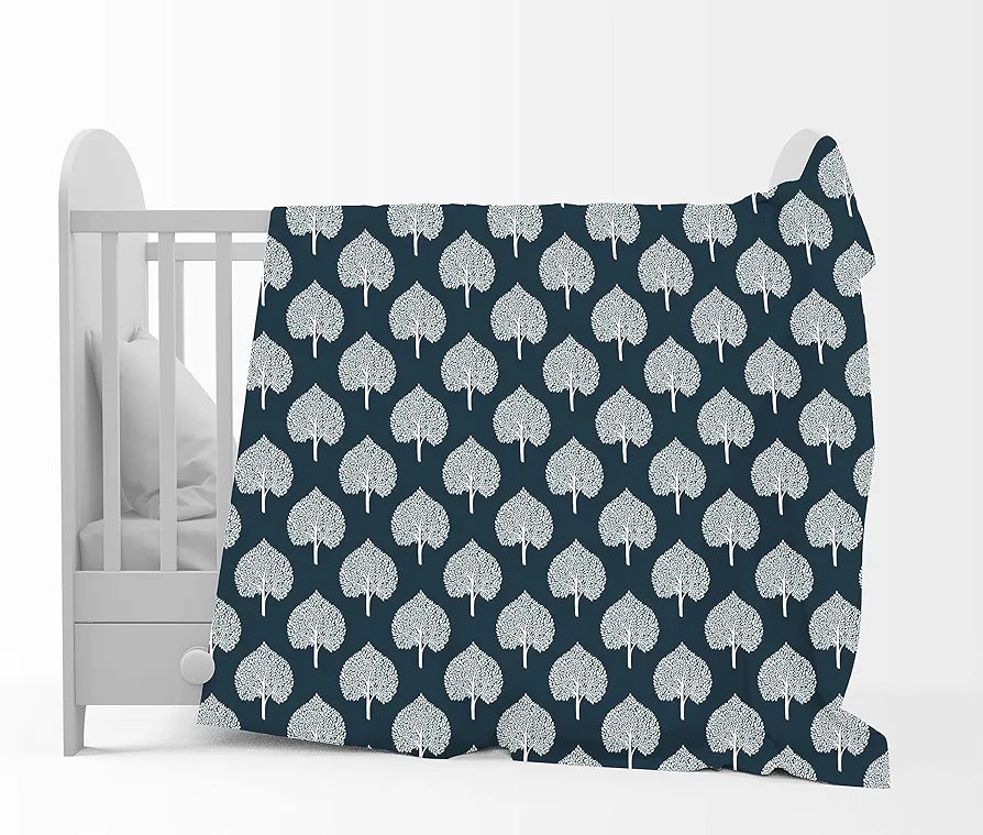 Divine Casa 120 GSM Microfiber Single Kids Dohar  | Soft & Lightweight Throw Blanket | Cozy & Breathable | All-Season Comfort | 140 x 100 CM | Tree Motif Pattern | Navy Blue & White