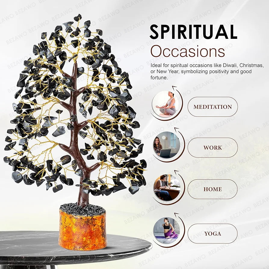 BEZAVO Black Tourmaline Crystal Tree for Healing & Prosperity | Artificial Feng Shui Money Tree for Positive Energy | Ideal Gift for Birthdays 