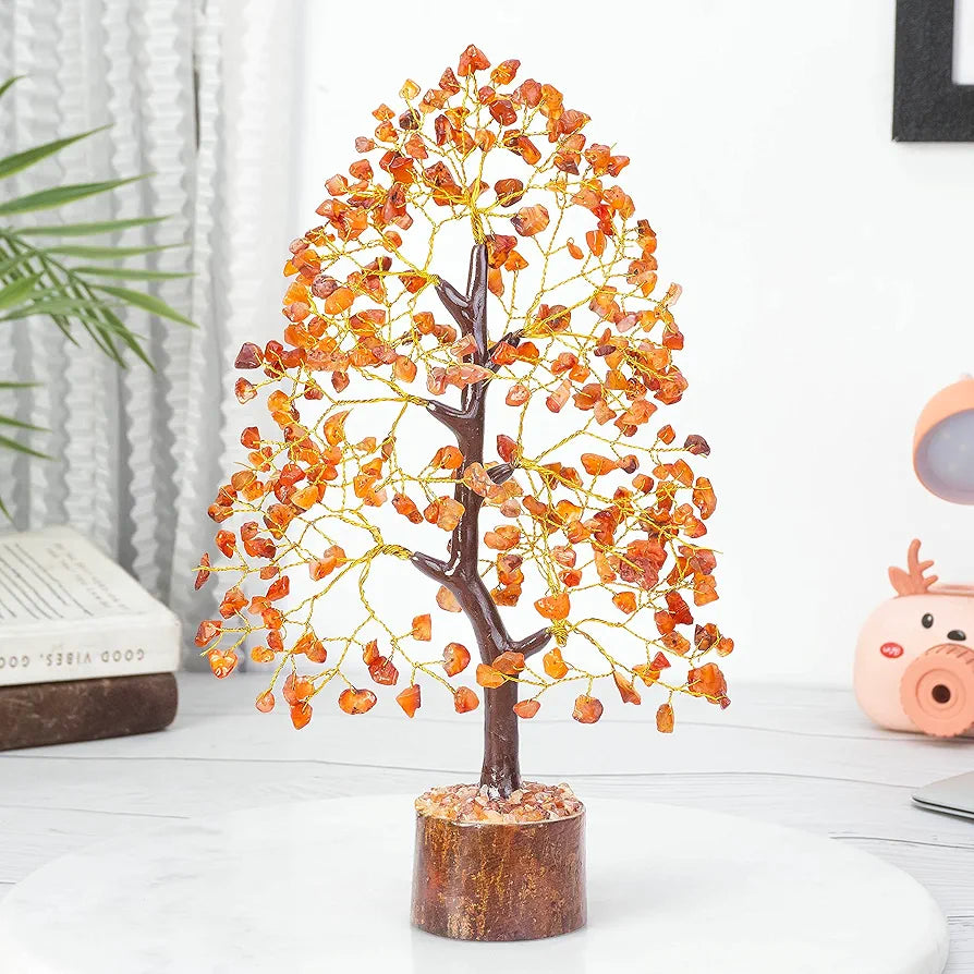 HindCraft Carnelian Chakra Crystal Tree Good Luck Showpiece for Home Decor Items Crystals Gemstones Bonsai Money Tree for Good Luck, Decoration Gift Item, Golden Wire, 10-12 inch
