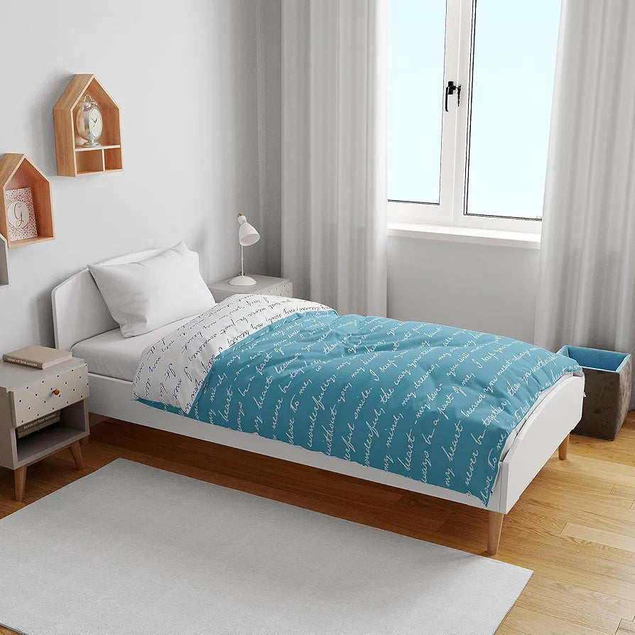 Divine Casa 120 GSM Microfiber Single Kids Dohar  | Soft & Lightweight Throw Blanket | Cozy & Breathable | All-Season Comfort | 140 x 100 CM | Typography Pattern | Blue Topaz