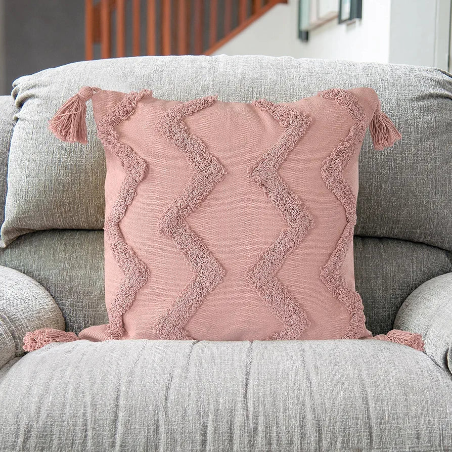 SASHAA WORLD Salmon Pink Chevron Tufted Cushion Cover with Tassels | Embrace Elegance and Comfort in Your Home Décor |Cushion Cover for Living Room/Bed/Sofa/Chair | 45X45 Cm