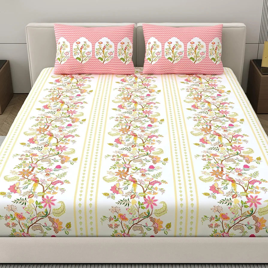 Dreamscape 100% Cotton King Fitted Floral Bedsheet With 2 Pillow Covers - 