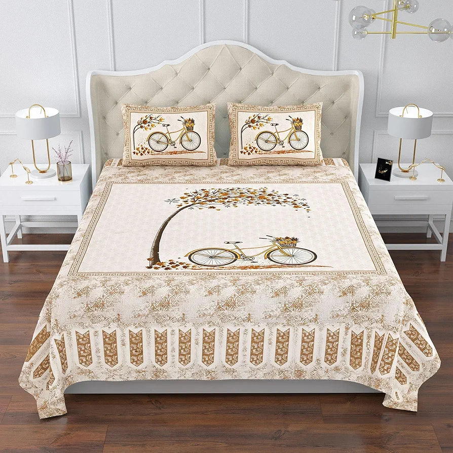 Kuber Industries Double Bedsheet with 2 Pillow Covers | 160 TC Premium Cotton Bedsheet for Double Bed | Bedsheet for Living Room-Home & Hotels | Photo Frame Cycle | 100x108 Inch | Brown
