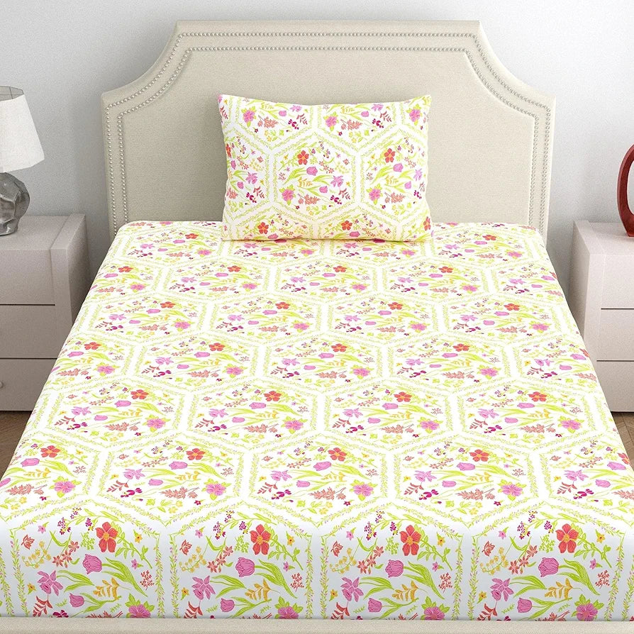 Dreamscape 100% Cotton Single Bedsheet with 1 Pillow Cover - 