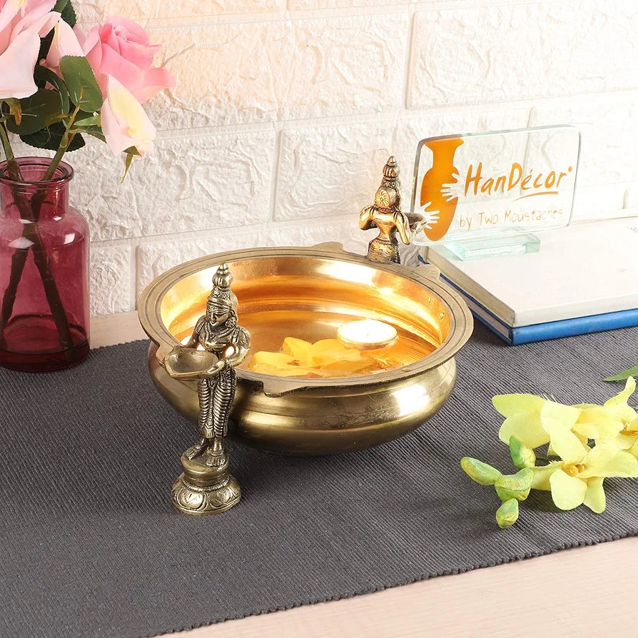 Two Moustaches Deep Laksmi Design Brass Traditional Urli Bowl Decor Showpiece, Golden, Standard