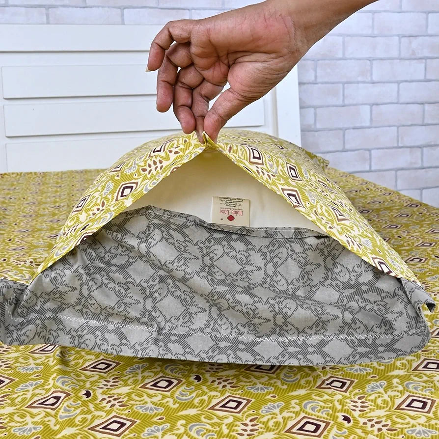 Divine Casa 144 TC Pure Cotton Single Size Bedsheet with 1 Pillow Cover | Soft, Durable & Skin-Friendly Fabric for All-Season Comfort | Size 223 x 145 CM | Geometric Diamond Print | Golden Lime Grey