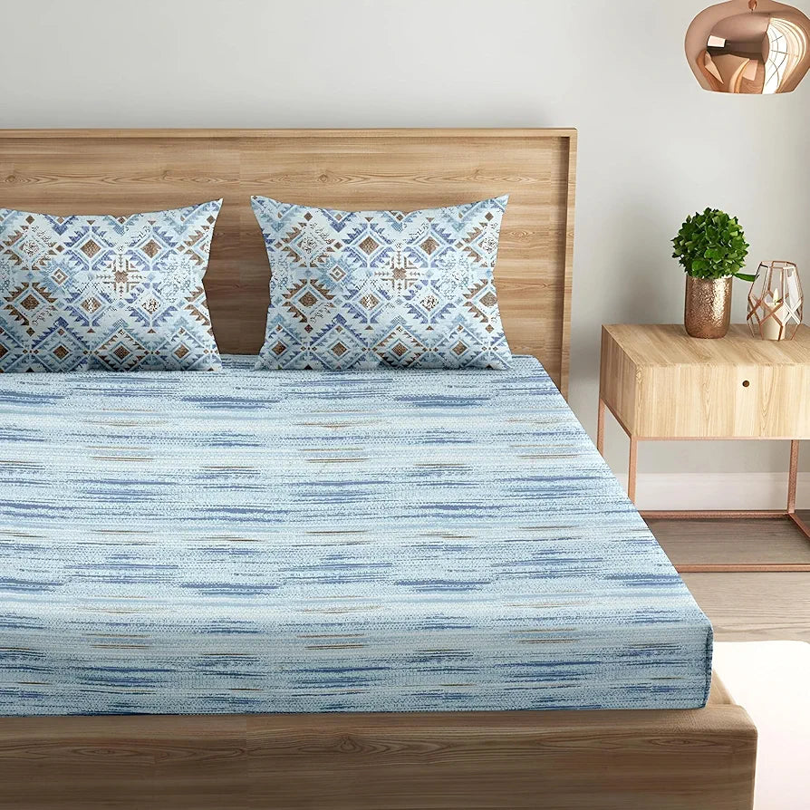 Trance Home Linen 100% Cotton 180 TC Bedsheet | Queen Size Printed Fitted Bedspread with 2 Pillow Covers 