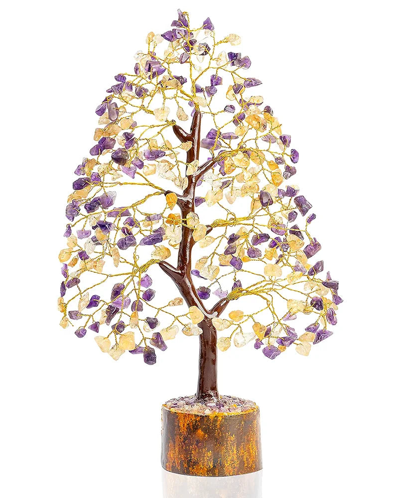 HindCraft Amethyst & Citrine Crystal Tree Good Luck Showpiece for Home Decor Items Crystals Gemstones Bonsai Money Tree for Good Luck, Decoration Gift Item, Golden Wire, 10-12 inch