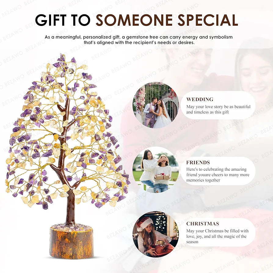 BEZAVO Amethyst & Citrine Crystal Tree | Feng Shui Tree of Life for Healing & Prosperity | Positive Energy Crystal Tree for Home & Office | Ideal Anniversary & Birthday Gift 