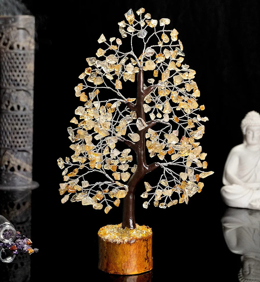 HindCraft Citrine Chakra Crystal Tree Good Luck Showpiece for Home Decor Items Crystals Gemstones Bonsai Money Tree for Good Luck, Decoration Gift Item, Silver Wire, 10-12 inch