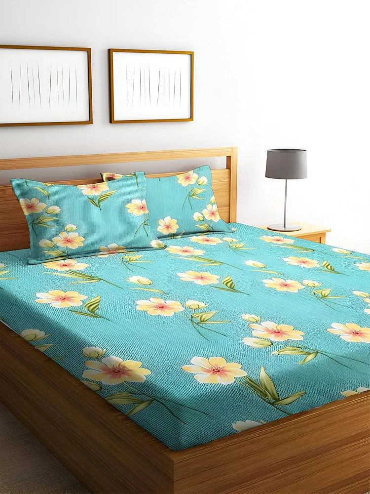 Polycotton 220 TC Floral Printed King Size Double Bedsheet with 2 Pillow Covers, (90 x 90 Inches, Themis