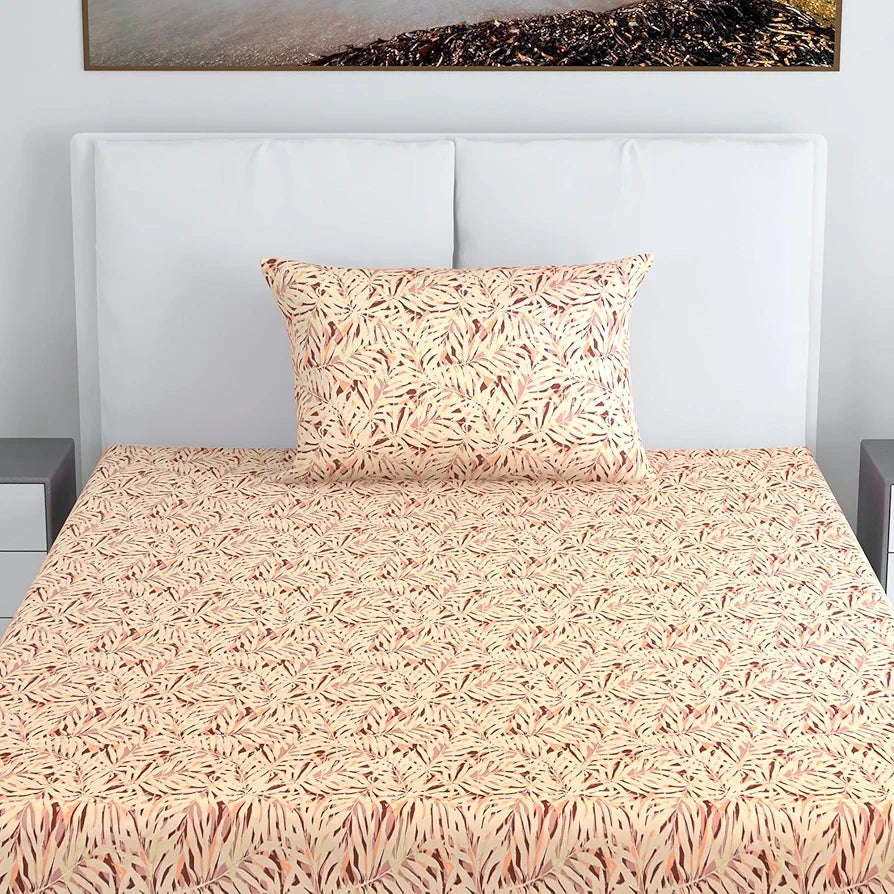 Divine Casa 144 TC 100% Pure Cotton Single Size Bedsheet with 1 Pillow Cover | Soft, Durable & Skin-Friendly Fabric for All-Season Comfort & Use | Size 223 x 145 CM | Tropical Leaf | Cream Brown