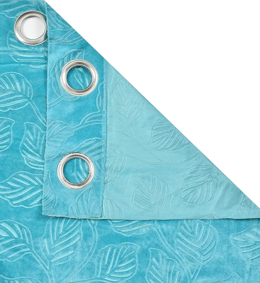Leaf Velvet Room Darkening Window Curtains 5 feet Long for Living Room Bedroom Hall Room, Aqua Firozi, Set of 1