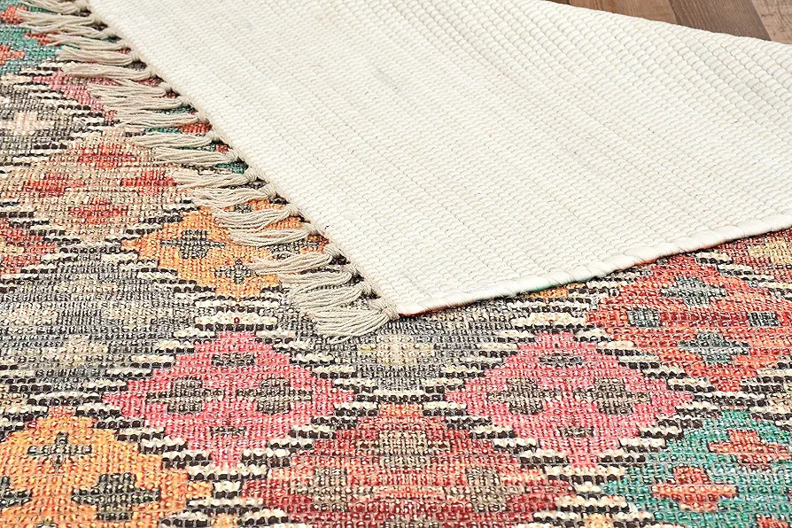 HOMADORN Handmade Sustainable Printed Modern Dhurrie/Rugs/Carpet upcycled from Scrap Fabric for Living Room/Bedside Runner for Enhanced Decor 