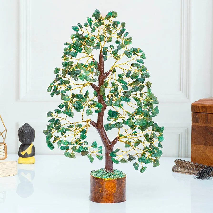 HindCraft Green Aventurine Crystal Tree Good Luck Showpiece for Home Decor Items Crystals Gemstones Bonsai Money Tree for Good Luck, Decoration Gift Item, Golden Wire, 10-12 inch