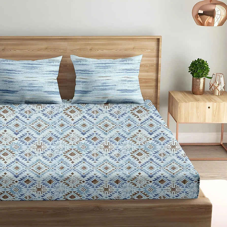 Trance Home Linen 100% Cotton 180 TC Bedsheet | Printed Fitted Bedspread with 2 Pillow Covers 