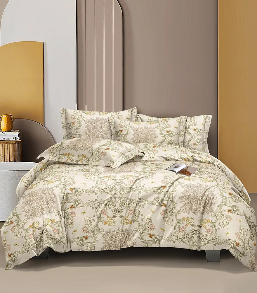 THE HOME STYLE Cotton Feel Glace Cotton Elastic Fitted Printed Queen Size Double Bed Bedsheet With 2 Pillow Cover , 300 tc